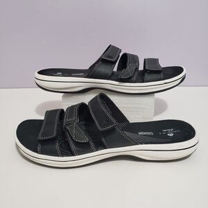 Clark's Cloud Steppers Black Slip On Comfort Women's Sandals Adjustable Sz 8M